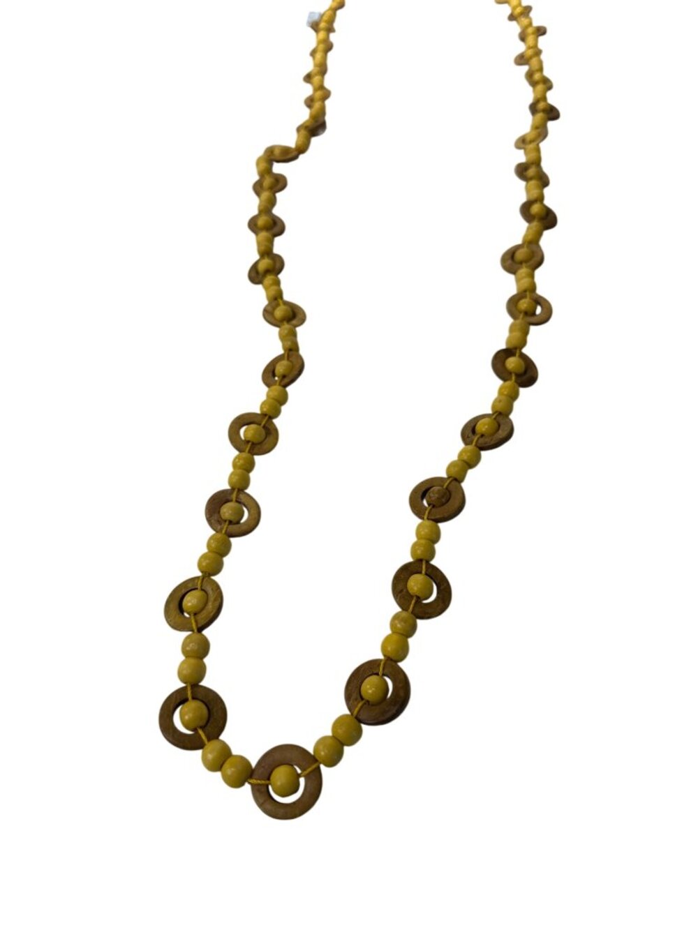 Beaded Necklace Wood & Yellow Circular Accents Handmade Boho Style Jewelry Wrap